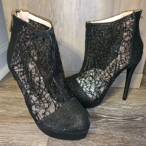 Bella Luna Black lace sparkle ankle bootie.